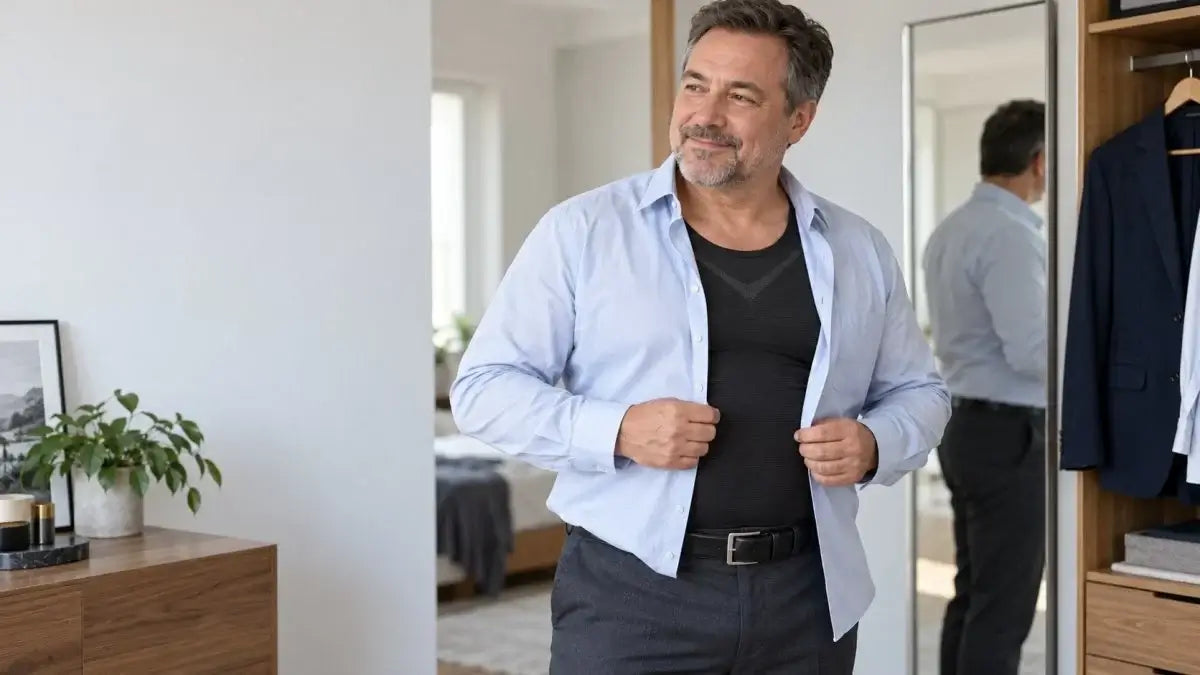 Mann trägt ein formendes Tanktop unter Kleidung beim Ankleiden für einen modischen Look.