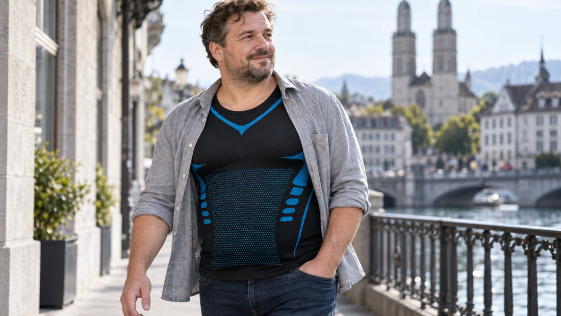 Mann trägt ein atmungsaktives kompressionsshirt herren in der Stadt am Fluss entlang.