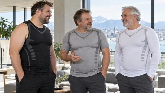 Drei Männer in Kompressionsshirts unter dem Hemd in modernem Wohnzimmer, lächelnd und plaudernd.