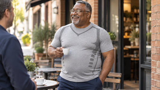 Mann mit Herren Shirts glattere Silhouette in einem Café, lächelnd und Kaffee haltend.