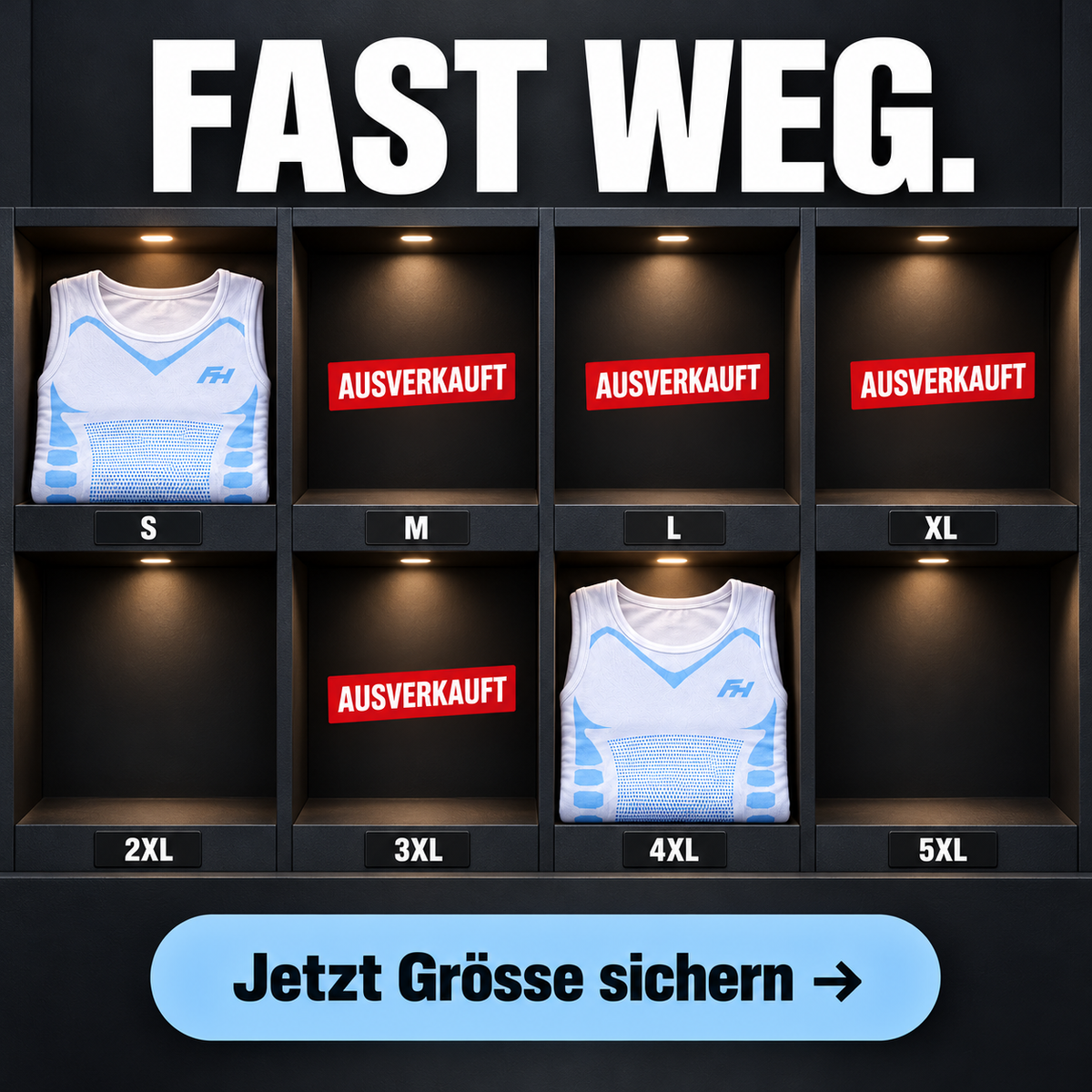Regal mit FORMHALT CORE Tanktops in den Grössen S bis 5XL – mehrere Grössen ausverkauft, nur noch wenige Stück verfügbar.