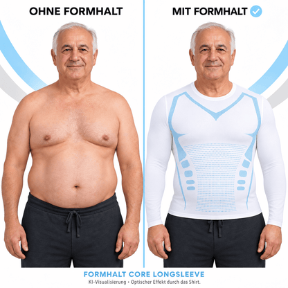 Vergleich: Herren in Kompressions-Langarmshirt für Herren gegenüber ohne es, zeigt den optischen Effekt mit FORMHALT.