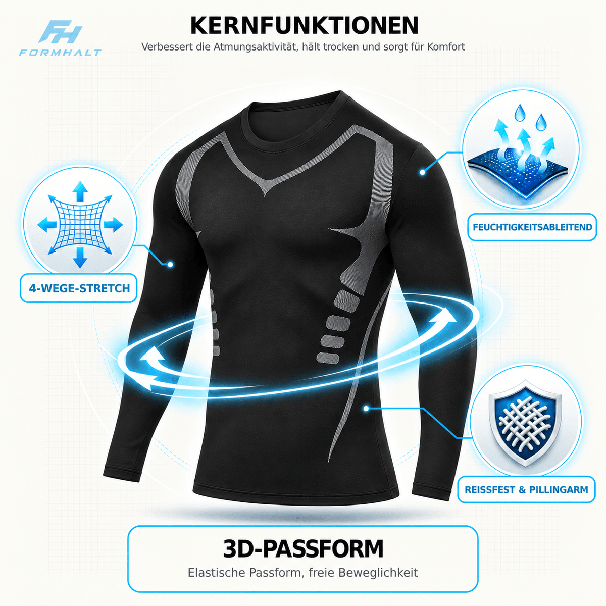 Kompressions-Langarmshirt für Herren im Fokus, 3D-Passform und 4-Wege-Stretch für optimale Beweglichkeit.