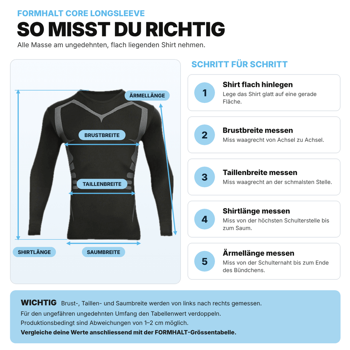 Anleitung zum Messen für Kompressions-Langarmshirt für Herren von FORMHALT CORE, inklusive Schritt-für-Schritt-Anweisungen.
