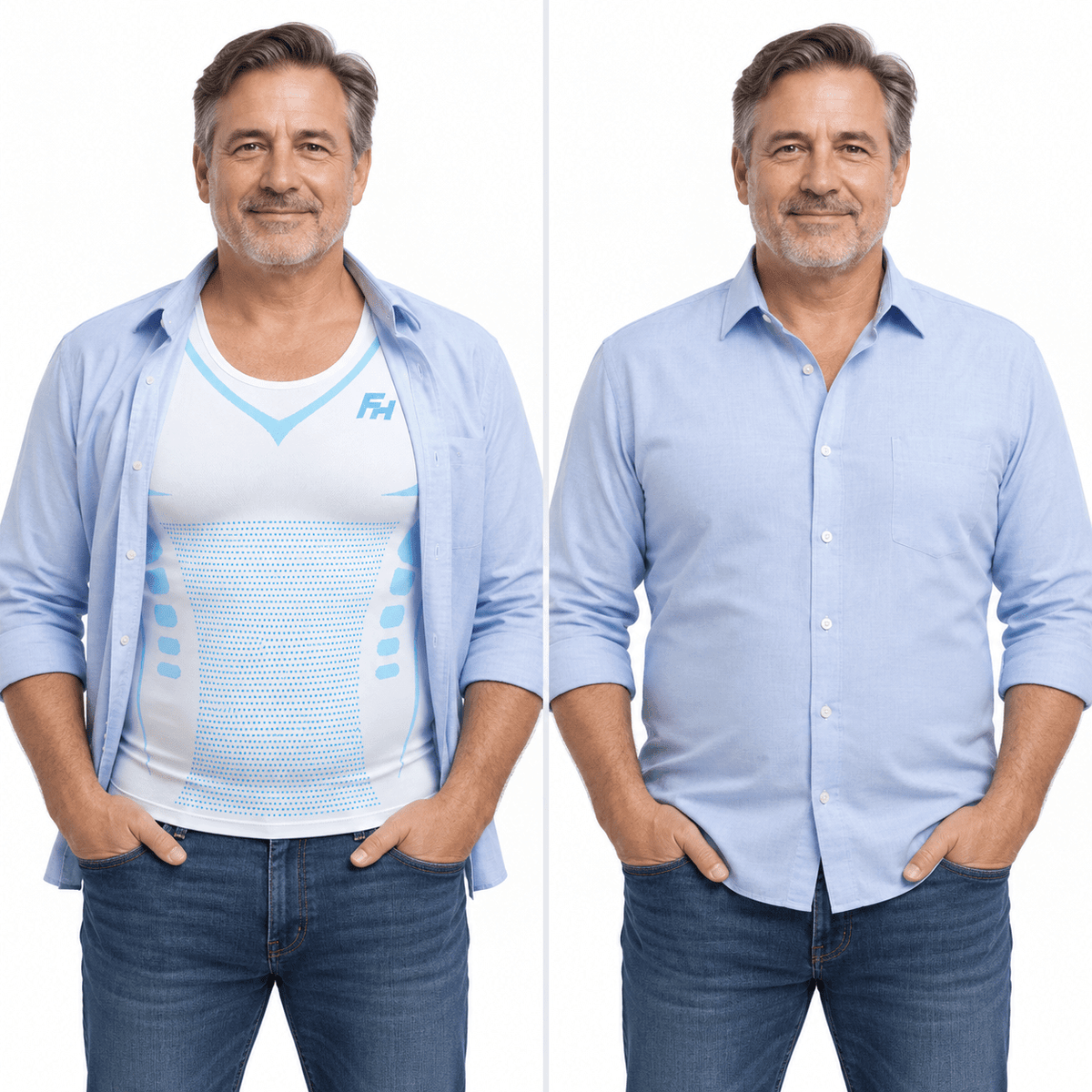 FORMHALT CORE Tank – Kompressions-Tanktop für Herren, vor und nach dem Anziehen unter einem Hemd.