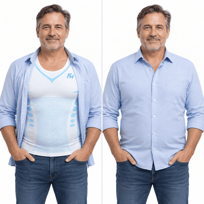 FORMHALT CORE Tank – Kompressions-Tanktop für Herren, vor und nach dem Anziehen unter einem Hemd.