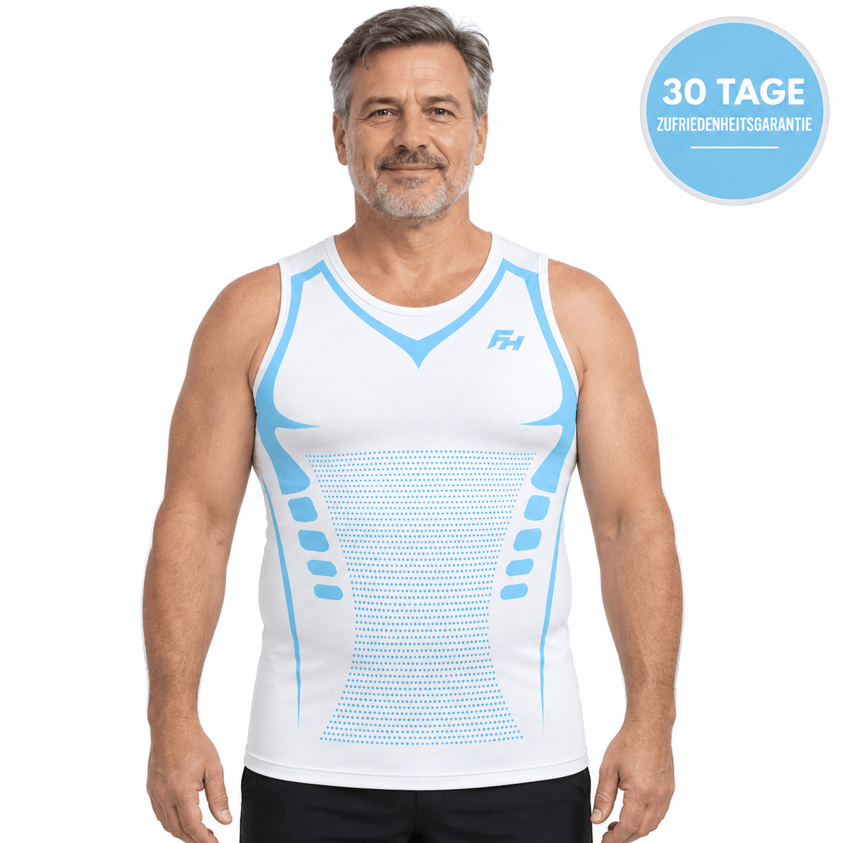 FORMHALT CORE Tank – Kompressions-Tanktop für Herren in Weiß mit blauen Akzenten, ideal für eine glatte Silhouette.