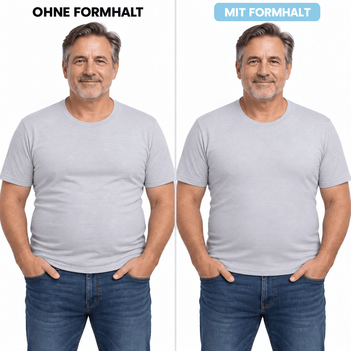 Vorher-Nachher Vergleich von FORMHALT CORE Tank – Kompressions-Tanktop für Herren: ohne und mit FORMHALT.