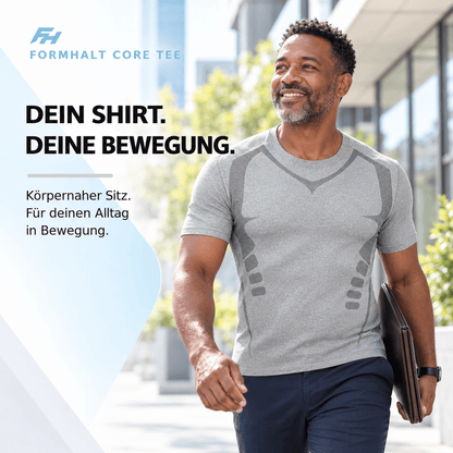 FORMHALT CORE Tee - Kompression T-Shirt für Herren. Männliches Model trägt graues Kompressionsshirt in urbaner Umgebung.