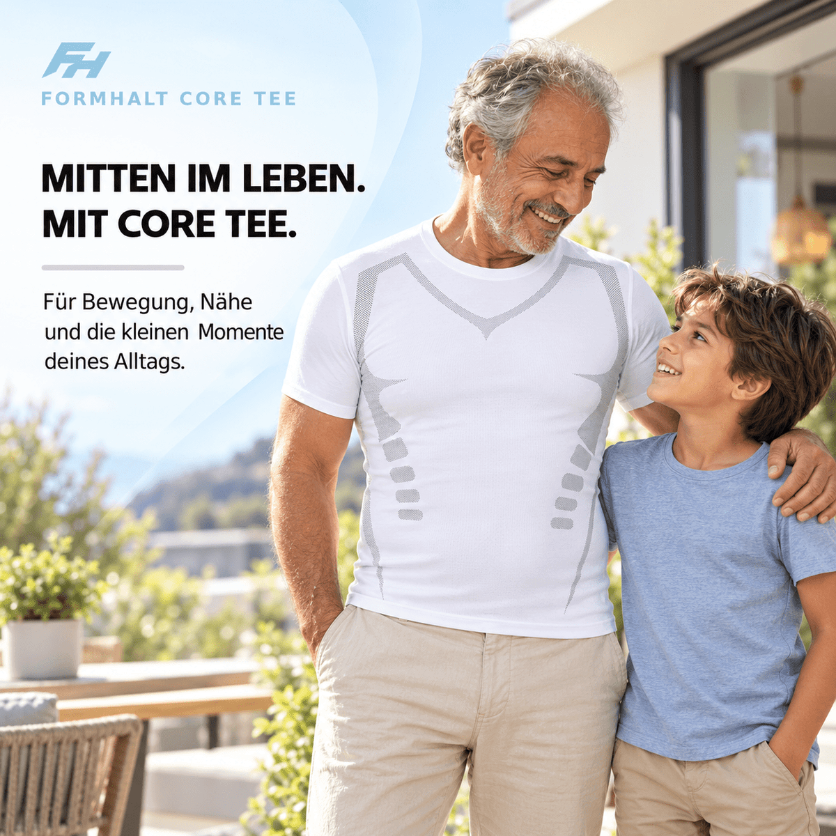 FORMHALT CORE Tee - Kompression T-Shirt für Herren in Aktion mit einem älteren Mann und einem Jungen im Freien.